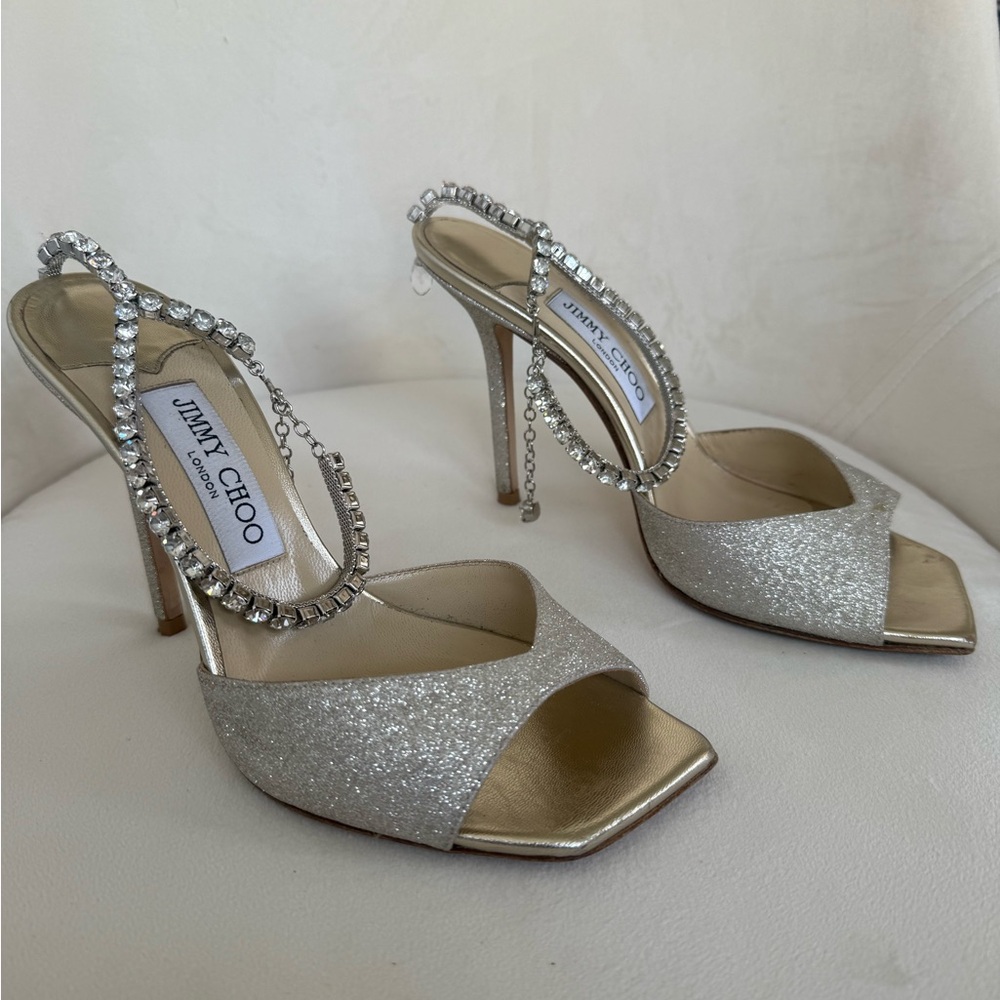 Jimmy Choo Silver Glitter Heels with Crystal Straps